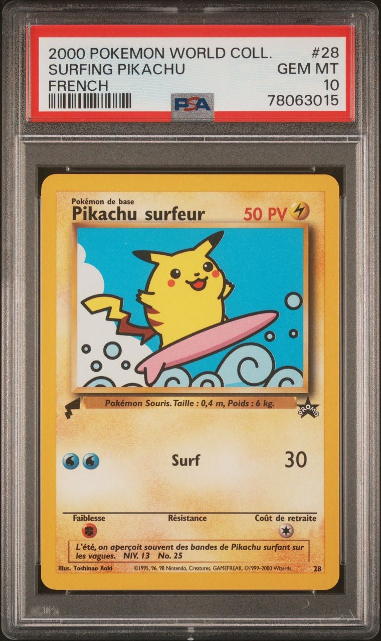 Pokemon Cards Surfing Pikachu 28 PSA 10 World Collection French Promo