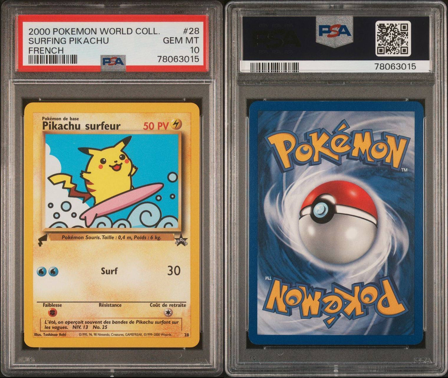 Pokemon Cards Surfing Pikachu 28 PSA 10 World Collection French Promo