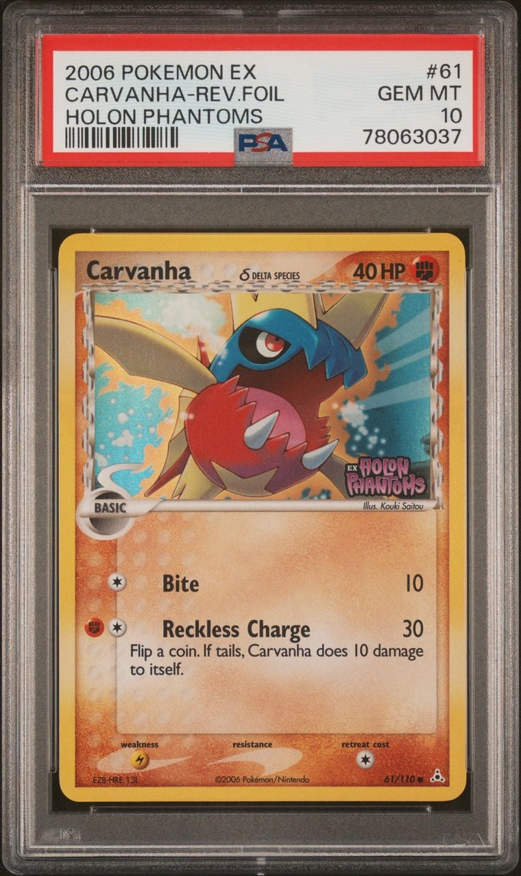 Carvanha Reverse Holo EX Holon Phantoms 61/110 Gem Mint PSA 10 POP 3!