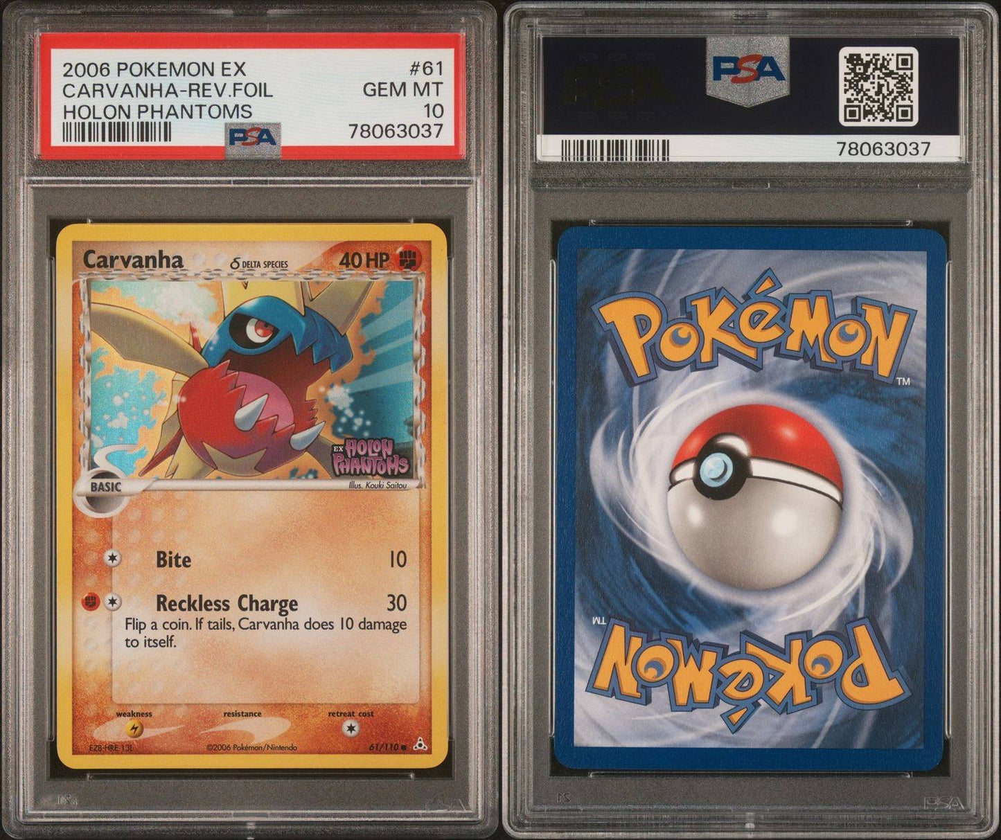 Carvanha Reverse Holo EX Holon Phantoms 61/110 Gem Mint PSA 10 POP 3!